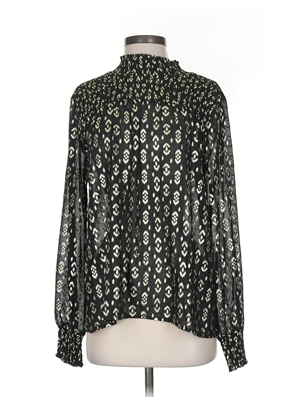 Mystree Black and Cream Smocked High-Neck Printed Blouse